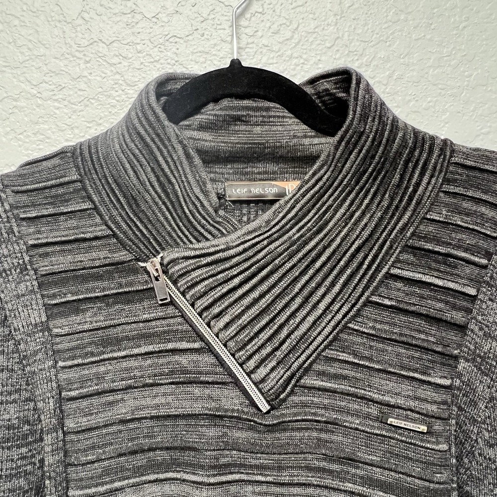 Leif Nelson Cable Knit Sweater Shawl Collar Funnel Neck Gray Techwear Streetwear - Picture 10 of 16